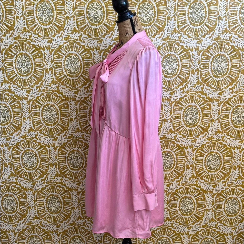 Self-Portrait Satin Viscose Puff-Sleeve Bow-Neck Mini Dress Bubblegum Pink Sz 8 - Picture 11 of 16